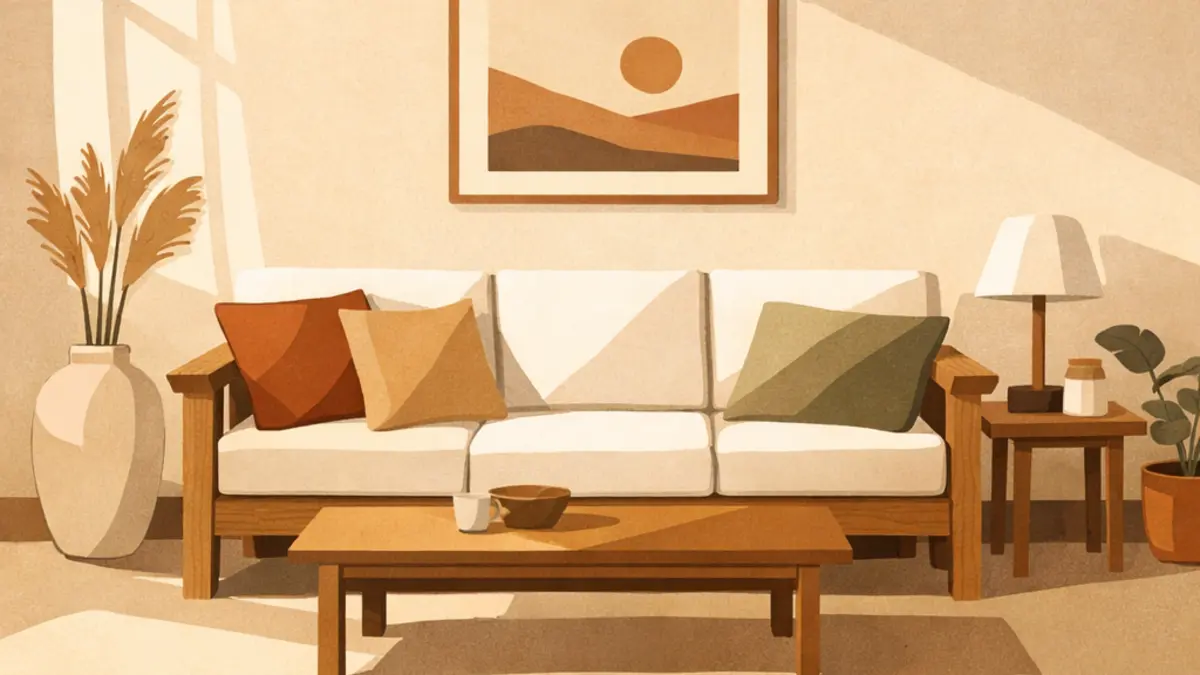 Minimalist illustration of a warmly lit living room with a solid wood sofa, earth-toned pillows, a low coffee table, and a plant by the window